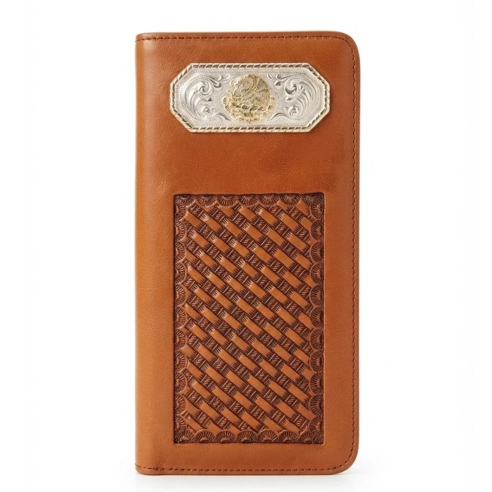 Nocona Mens Tan Leather Western Long Wallet Mexican Eagle Basketweave Bifold
